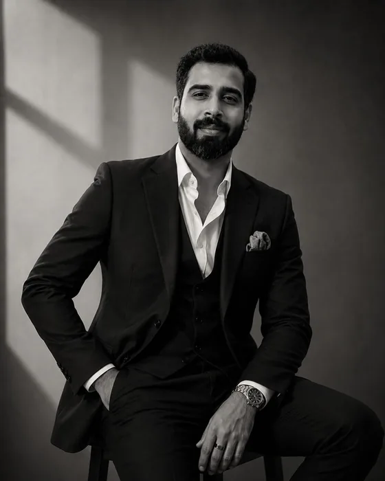 Black and white professional portrait of Manoj Kumar, NRI franchise partner in Kuwait